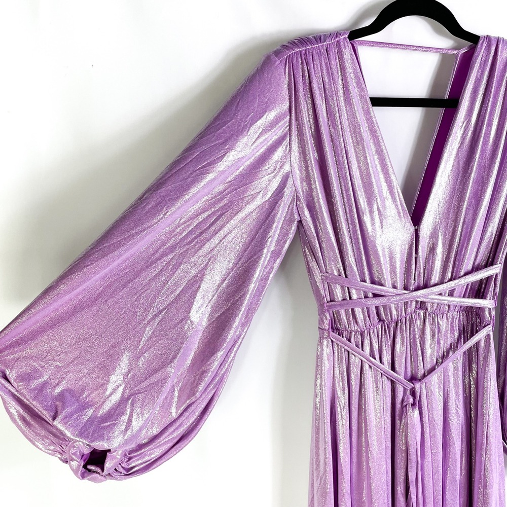 Bronx & Banco Zoe Lame Gown Maxi Dress Purple Lilac Plunge Slits Sz 4 US / Small - Picture 12 of 16